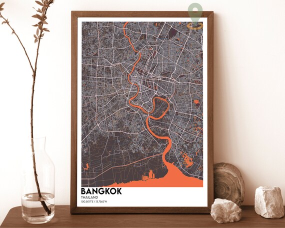 Bangkok Thailand City Map Night Dark Orange River Street Grid Poster