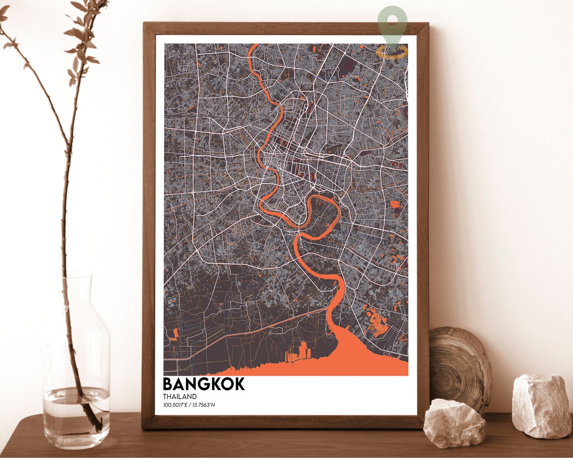 Bangkok Thailand City Map Night Dark Orange River Street Grid Poster