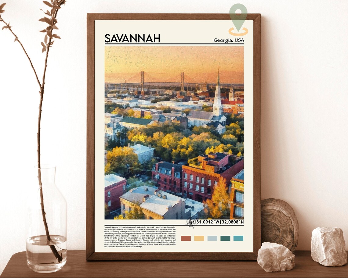 Savannah Georgia Historic City Bridge Sunset View Travel Poster