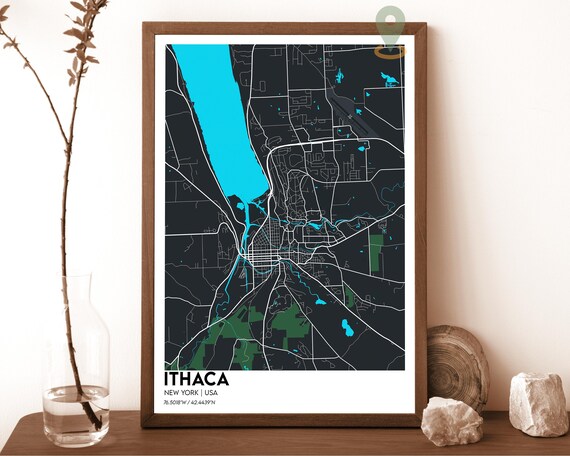 Ithaca New York Dark Cyan Modern Minimalist City Street Map Wall Art