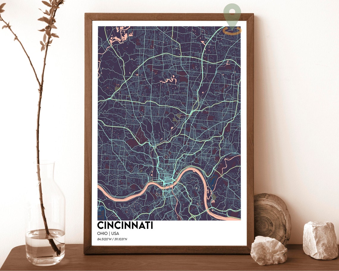 Cincinnati Ohio Street Map Golden Ohio River Navy Blue Grid Art Print - Image 3