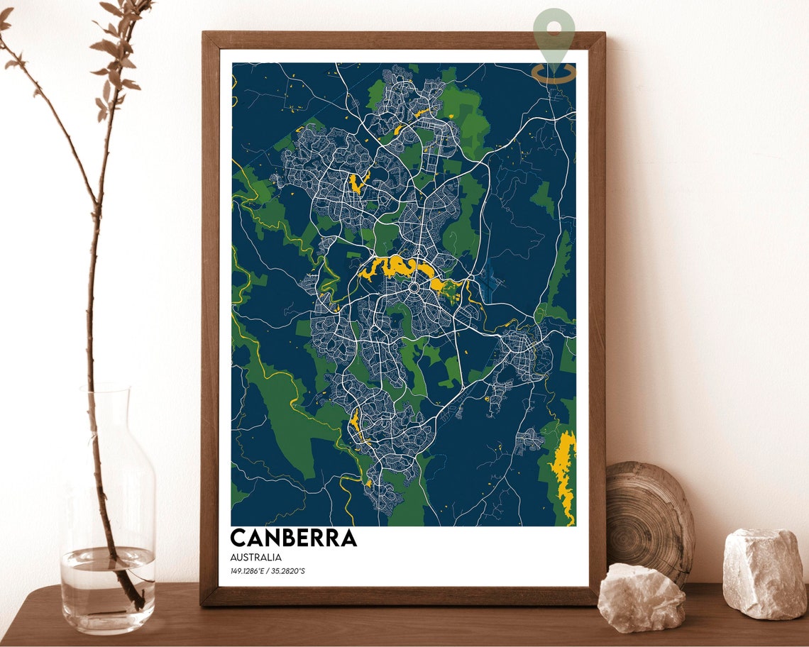 Canberra Australia City Map Poster Modern Navy Green Artwork