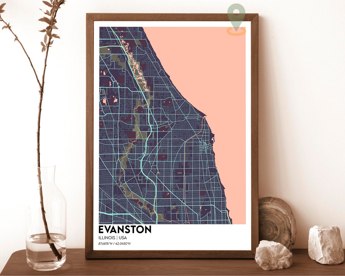 Evanston Illinois Purple Teal Street Map Lakefront Art Poster