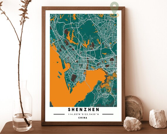 Shenzhen China City Map Art Poster Teal Orange Modern Wall Decor
