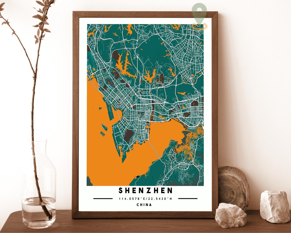 Shenzhen China City Map Art Poster Teal Orange Modern Wall Decor