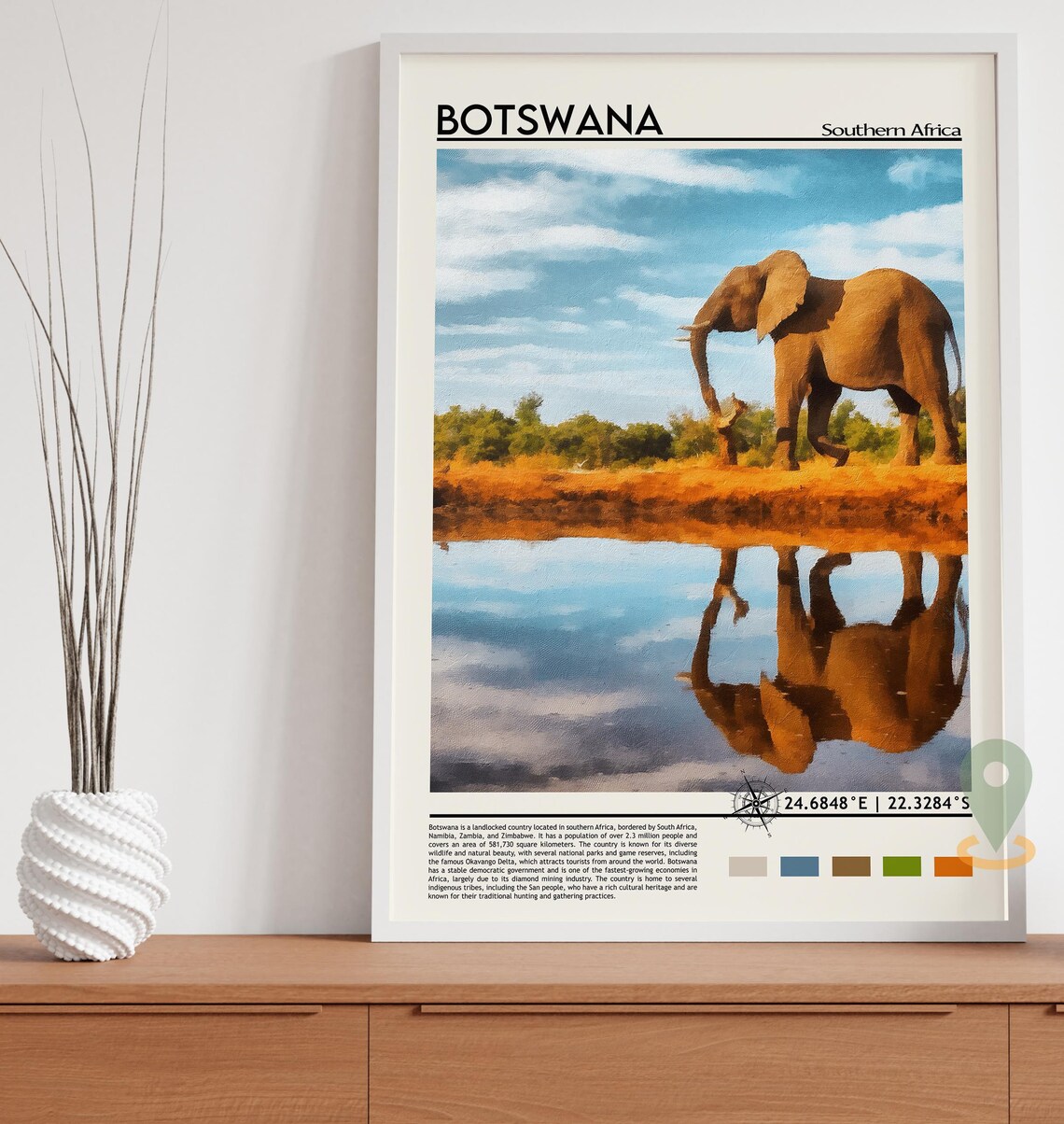 Botswana Southern Africa Elephant Waterhole Reflection Travel Poster - Image 5