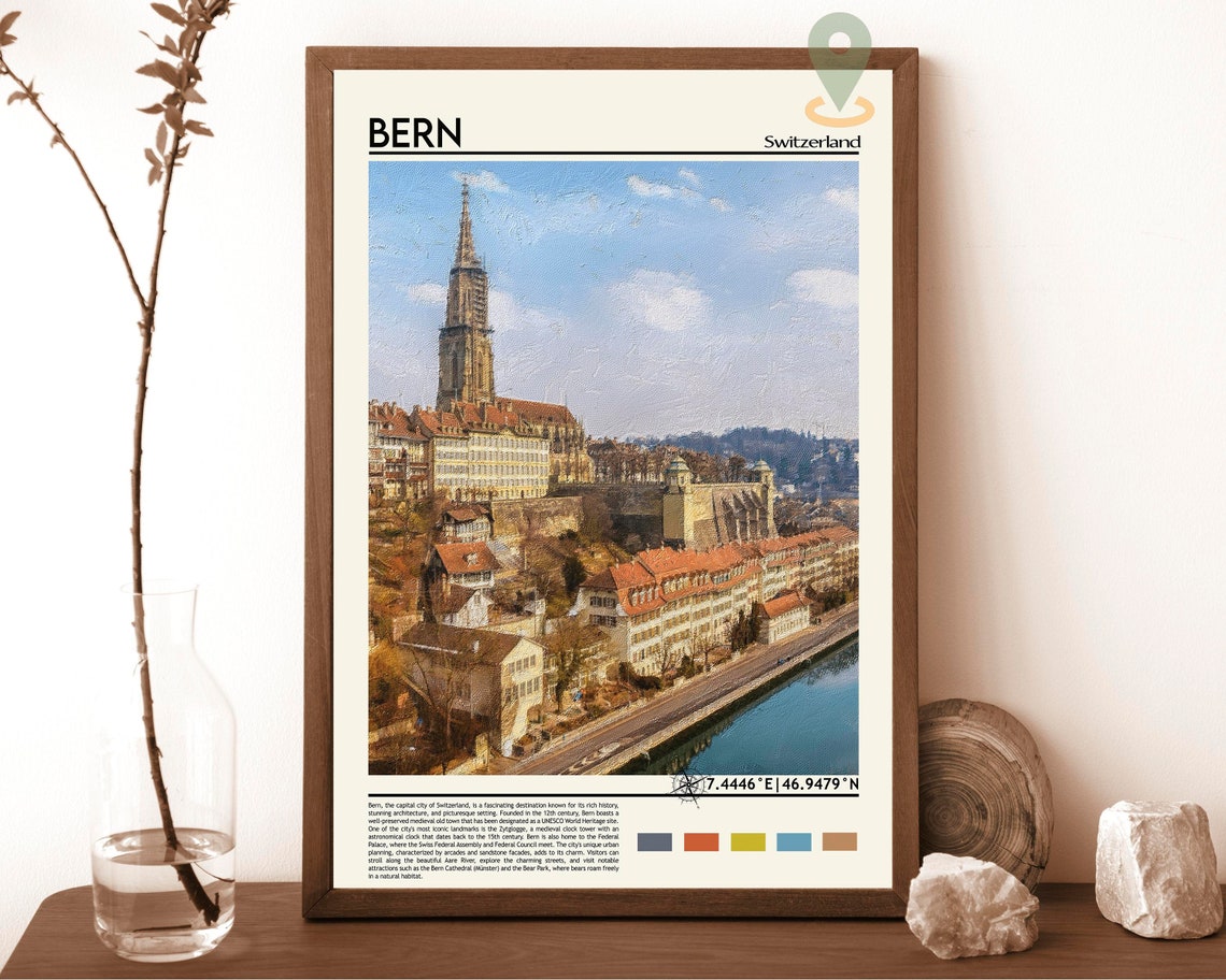 Bern Switzerland Old Town Cathedral Spire Aare River Rooftops Poster