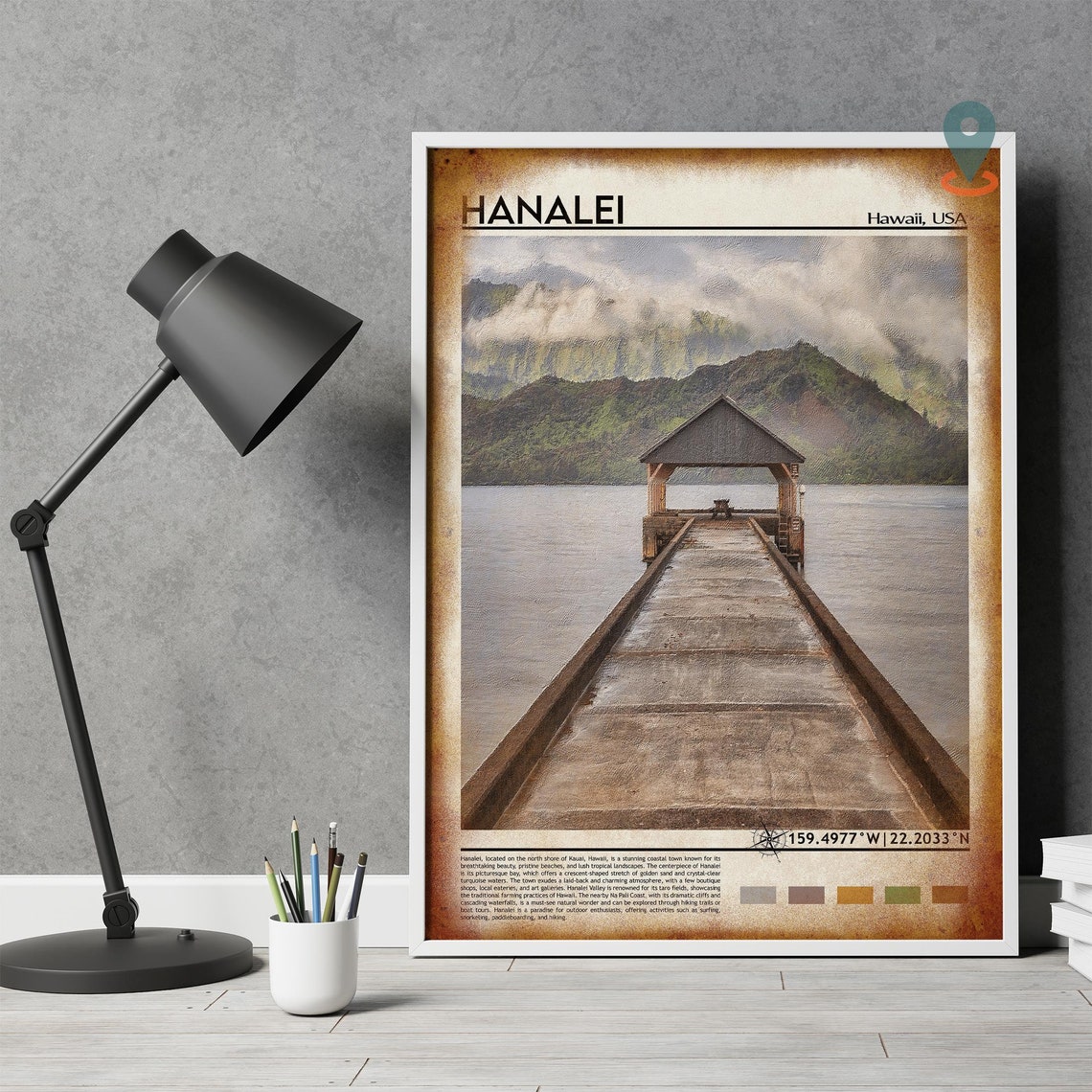 Hanalei Hawaii Kauai Pier Mountains Misty Coastal Travel Poster - Image 4