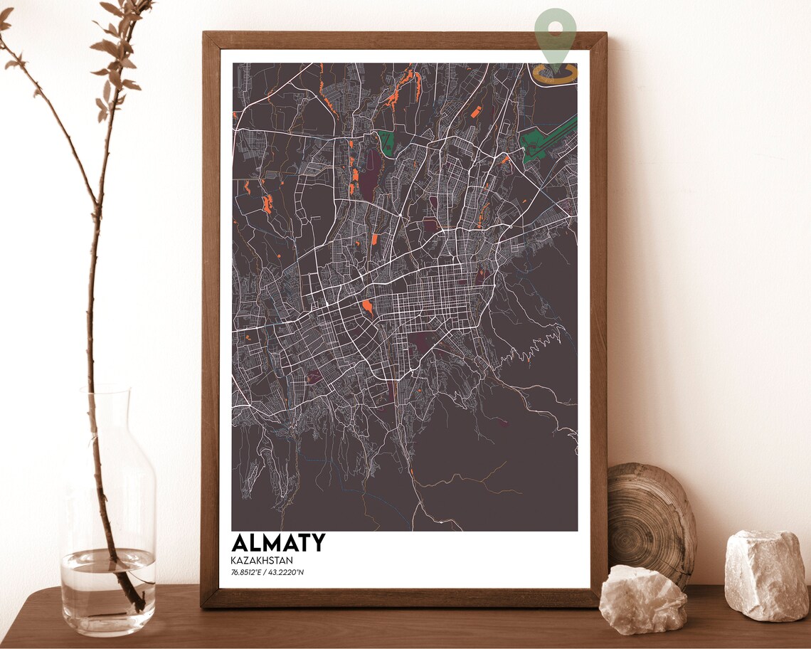 Almaty Kazakhstan City Map Dark Navy Magenta Street Lines Poster - Image 5