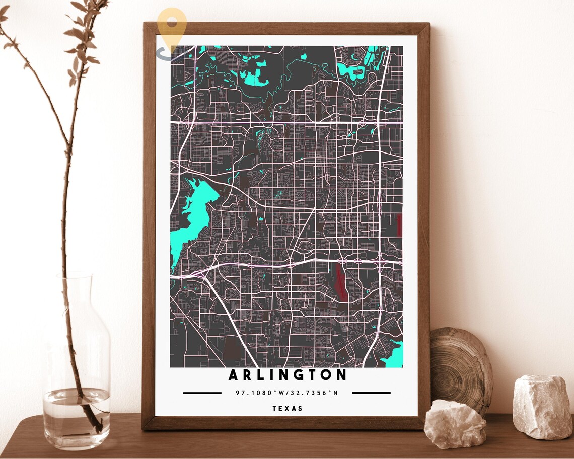 Arlington Texas charcoal with orange highlights Street Map Coordinates Poster - Image 4