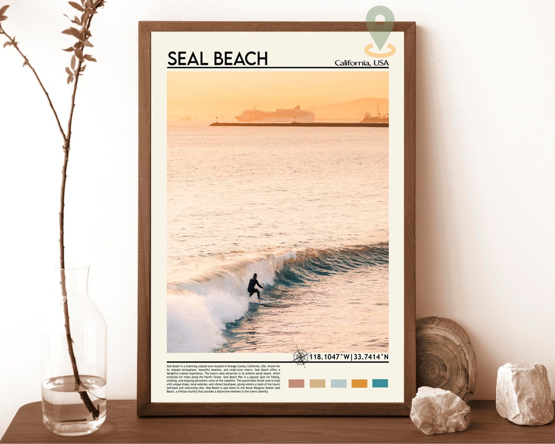 Seal Beach California Surfer Riding Golden Sunset Wave Poster