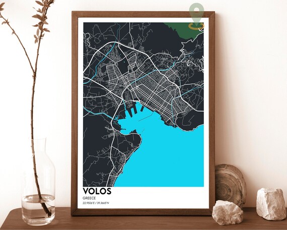 Volos Greece City Map Poster Charcoal Cyan Modern Coastal Artwork