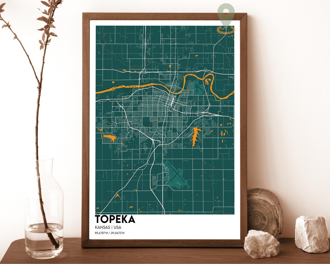 Topeka Kansas Striking Elegant Navy Blue Modern City Map Art Poster - Image 5