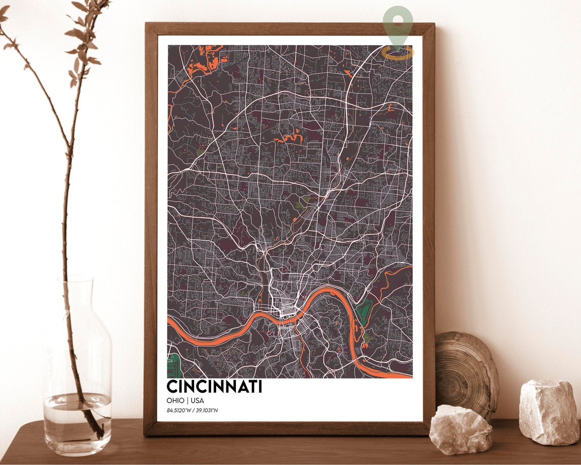 Cincinnati Ohio Street Map Golden Ohio River Navy Blue Grid Art Print - Image 5