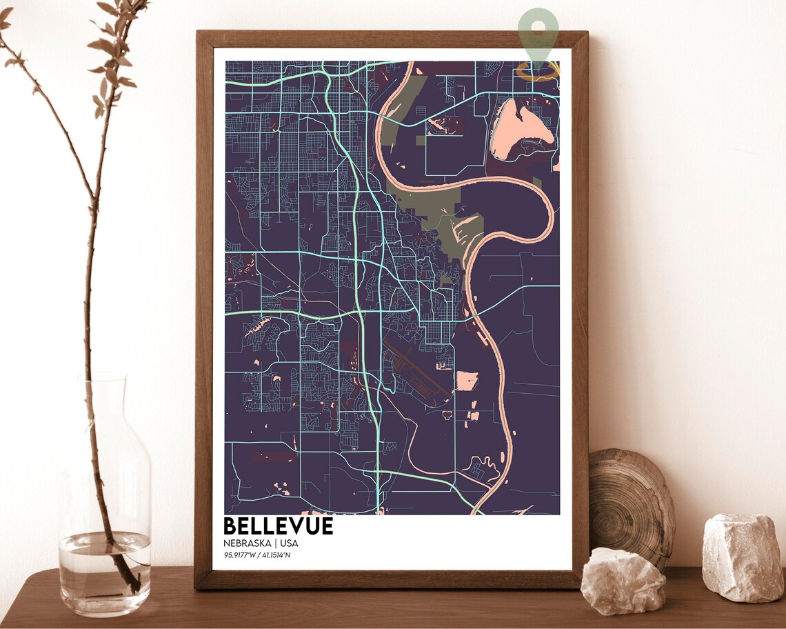 Bellevue Nebraska USA Vintage Parchment City Map River Art Poster - Image 6
