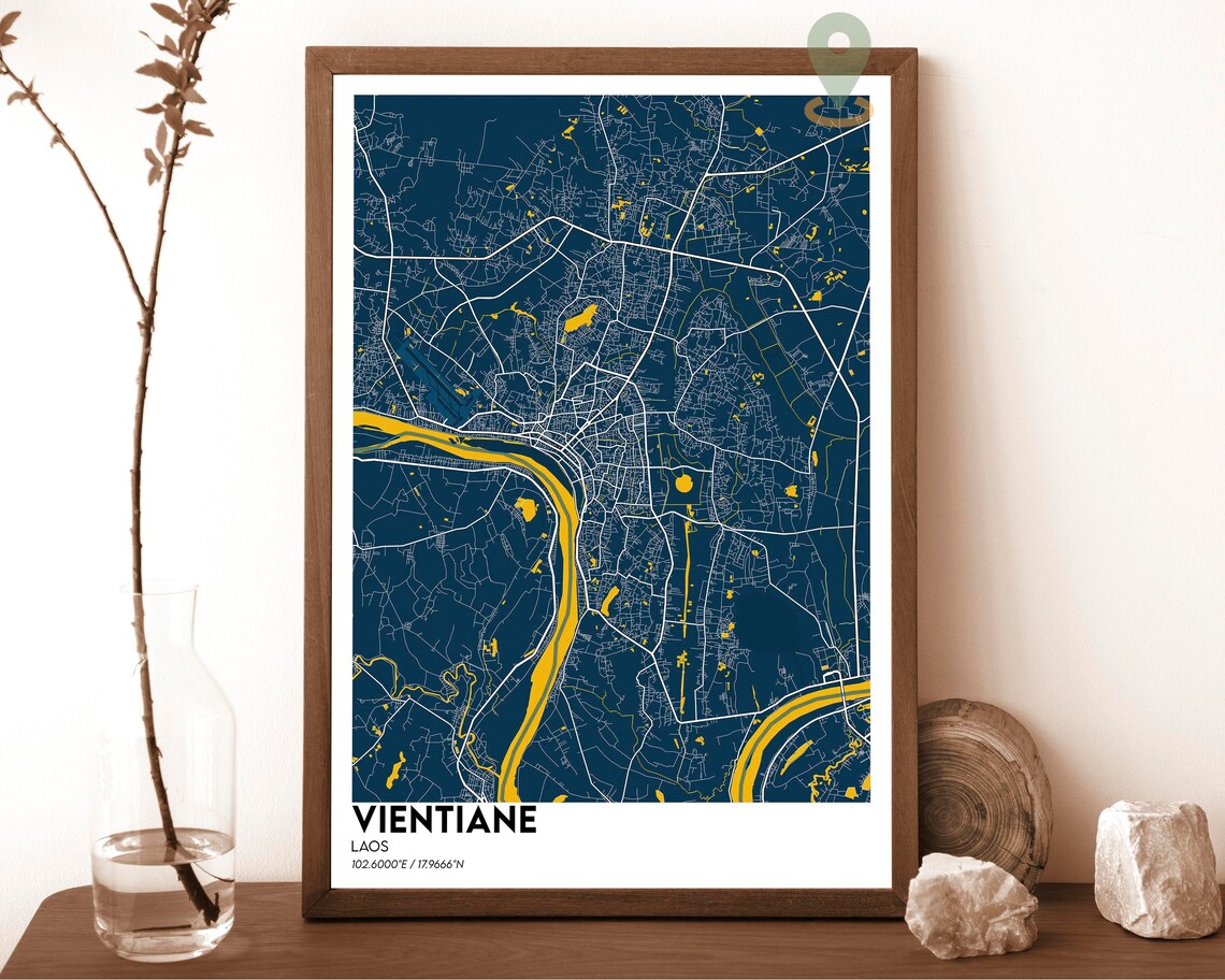 Vientiane Laos City Map Green Golden Mekong River Street Poster - Image 2