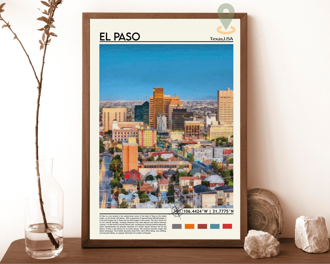 El Paso Texas Downtown Skyline Cityscape Painting Travel Poster