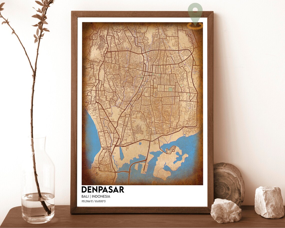 Denpasar Bali Indonesia Navy Yellow Coastal City Map Art Poster - Image 6