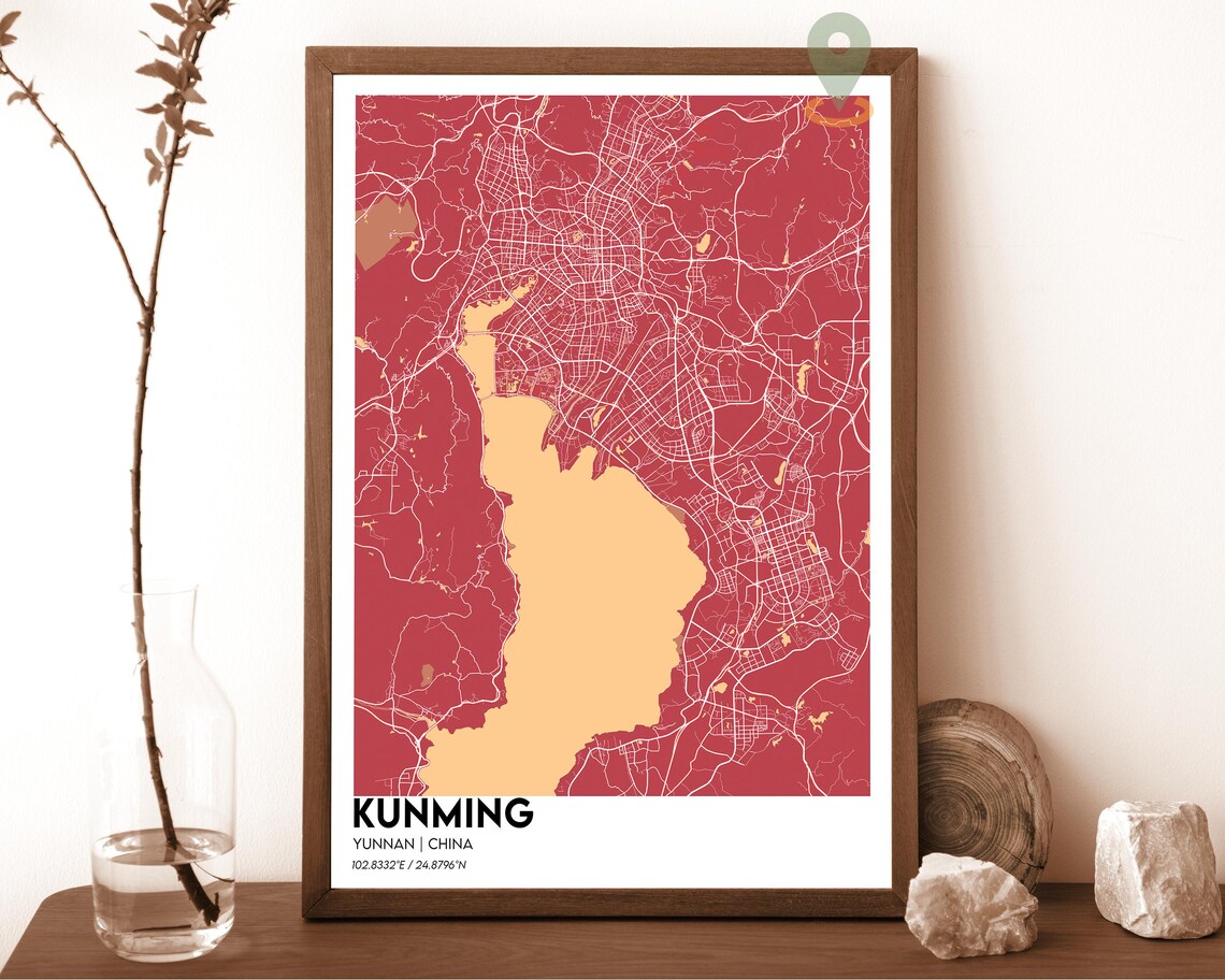Kunming China Yunnan Lake Cream Minimalist City Map Wall Art - Image 5