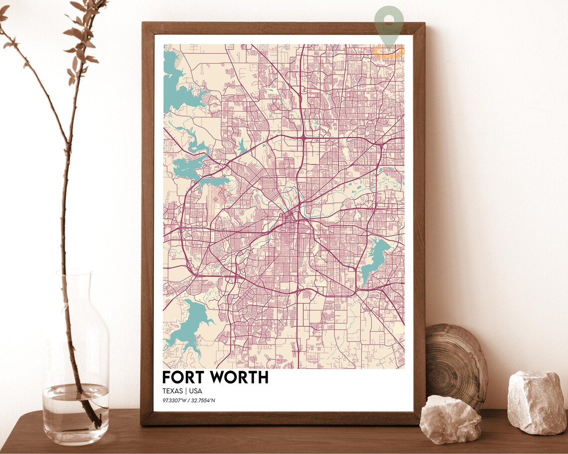 Fort Worth Texas USA City Map Dusty Rose Modern Street Art Poster