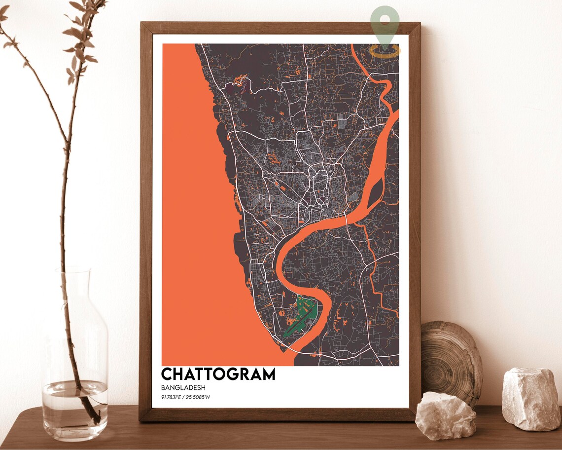 Chattogram Bangladesh River Delta Street Map Navy Gold Modern Art Print - Image 5