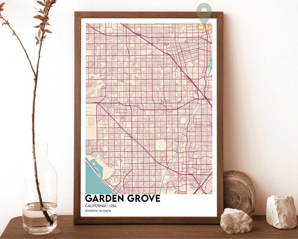 Garden Grove California Crimson White City Map Home Decor Poster - Image 6