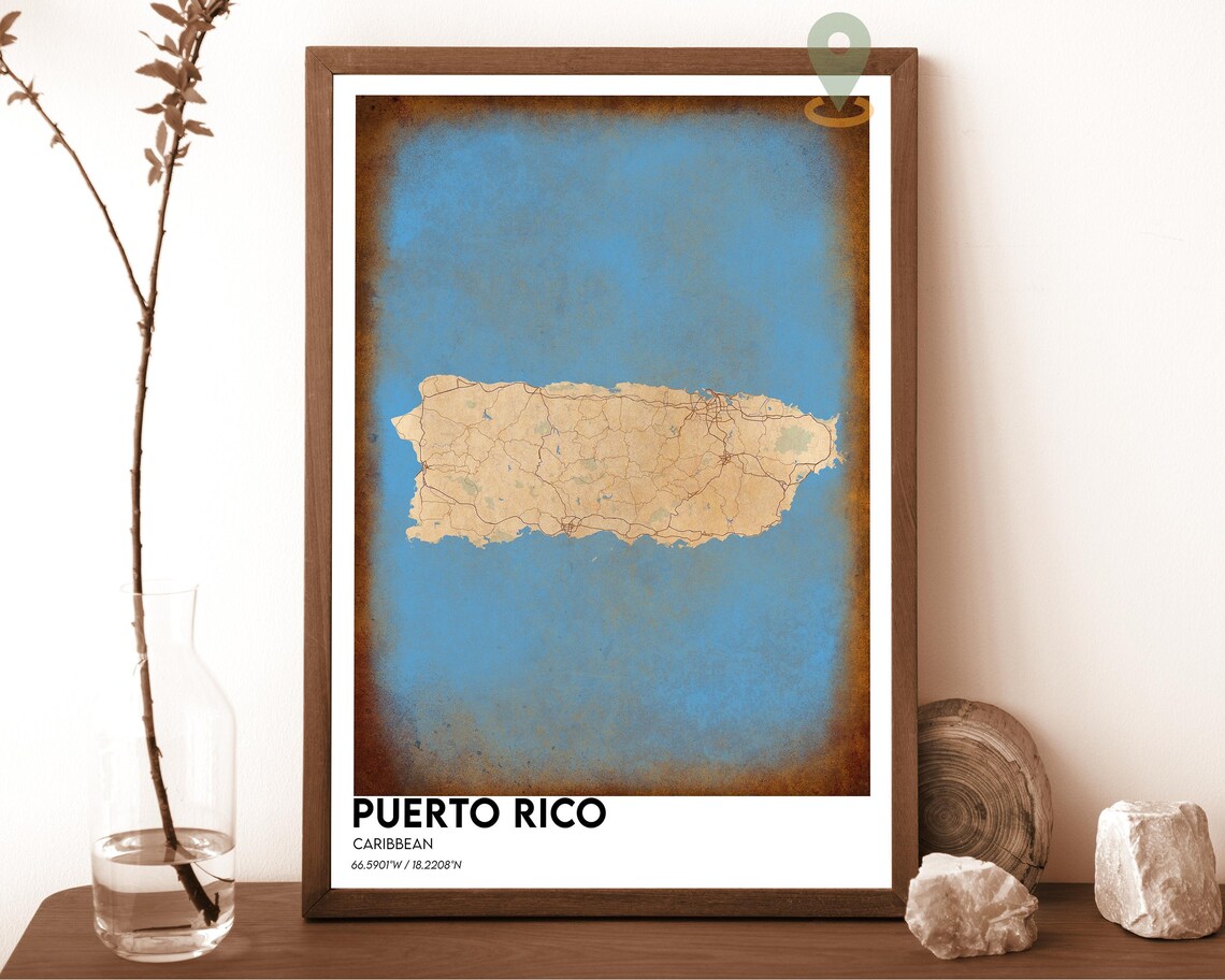 Puerto Rico Caribbean Cream Minimalist Island Map Poster on Teal - Image 3