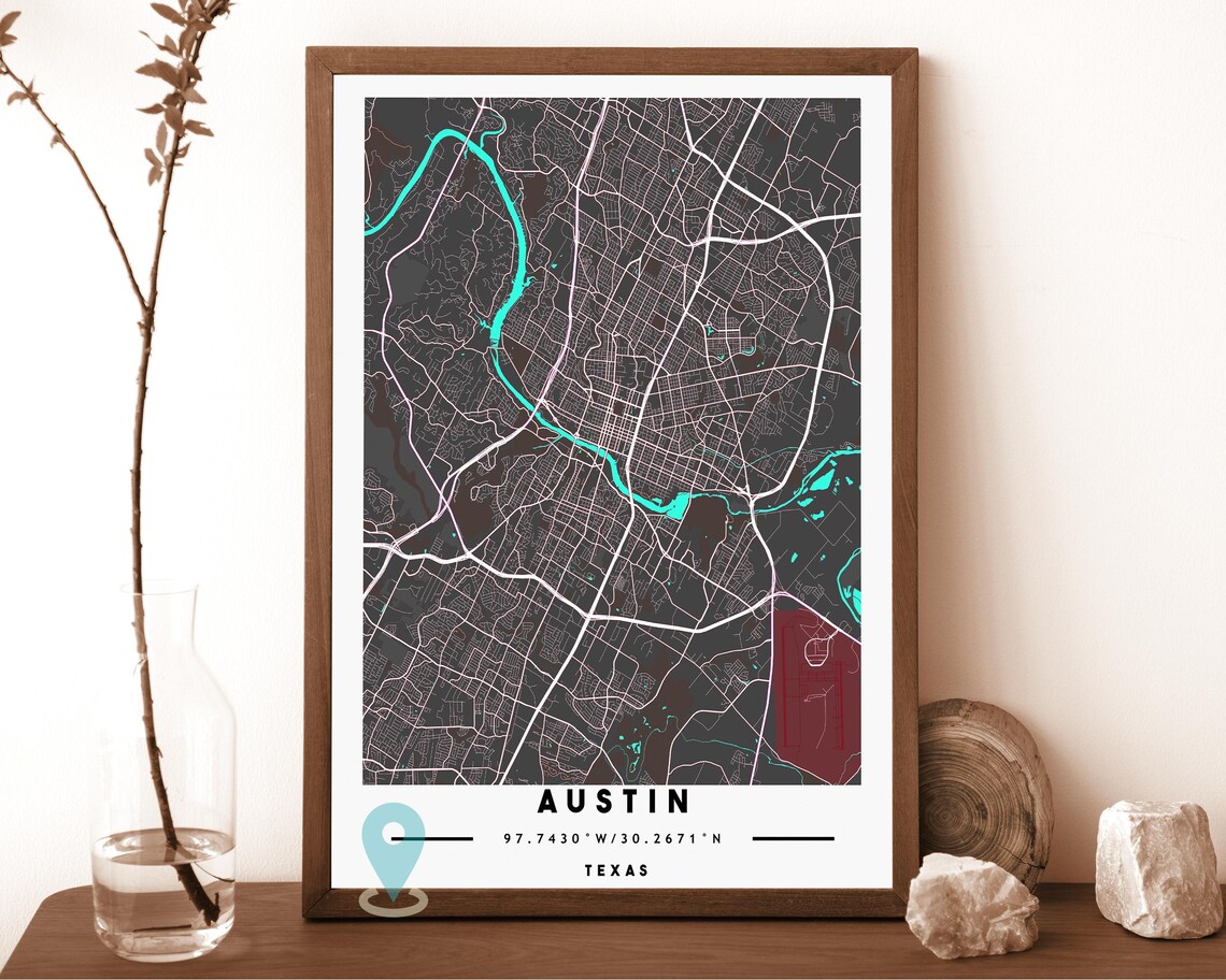 Austin Texas warm beige with a blue river Street Map Coordinates Poster - Image 5