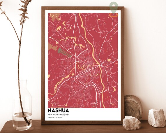 Nashua New Hampshire Bold Crimson Red Modern City Map Art Poster