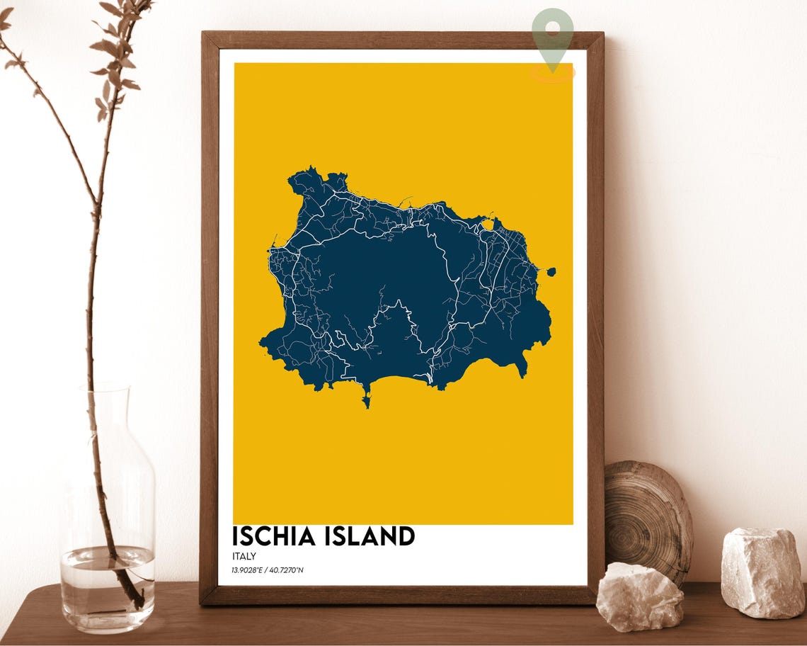 Ischia Island Italy Navy Mustard Minimalist Island Map Wall Art