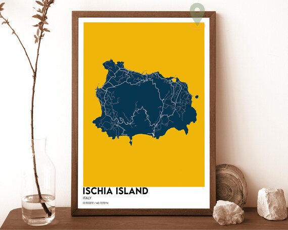 Ischia Island Italy Navy Mustard Minimalist Island Map Wall Art