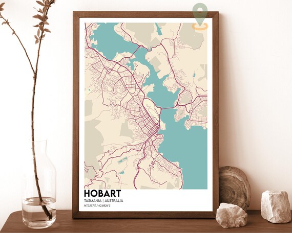 Hobart Tasmania Australia Modern City Map Cream Teal Art Poster