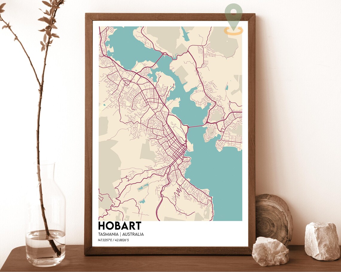 Hobart Tasmania Australia Modern City Map Cream Teal Art Poster