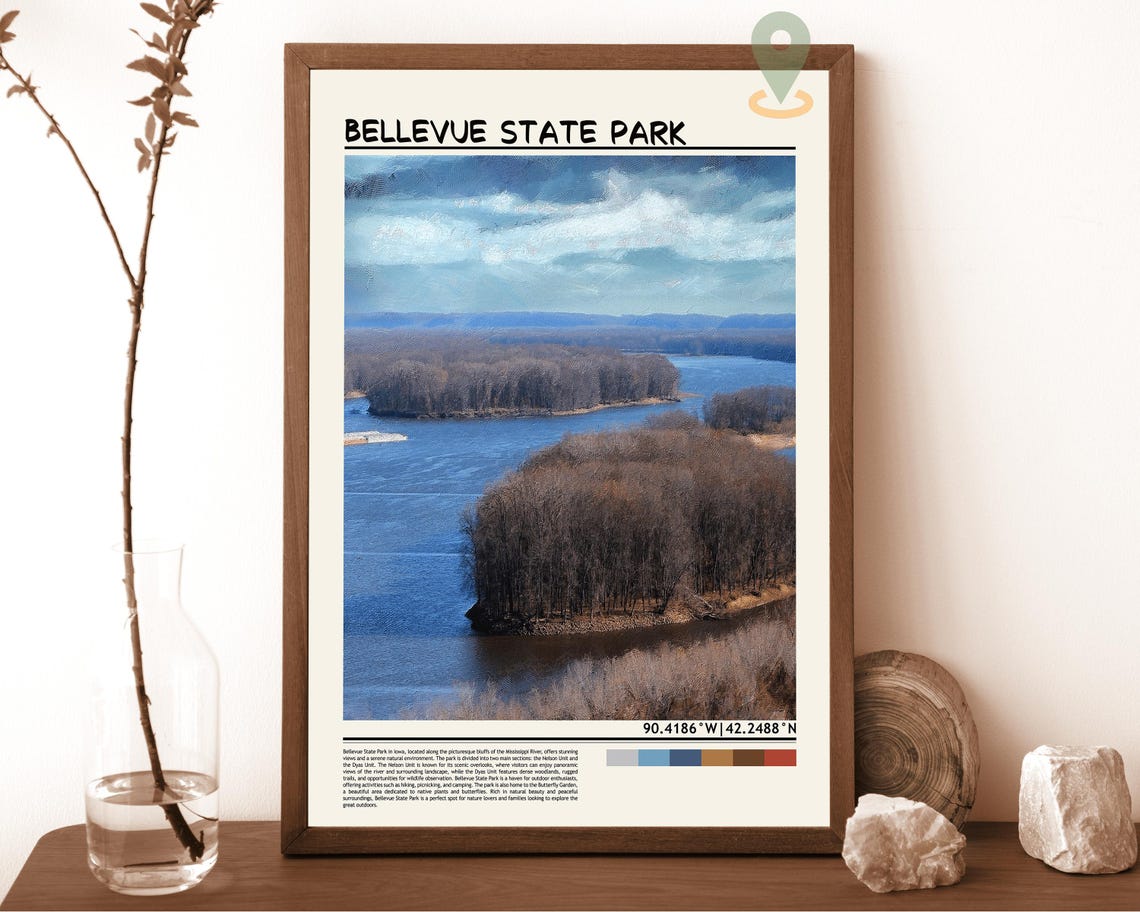 Bellevue State Park Mississippi River Bluffs Vintage Travel Poster
