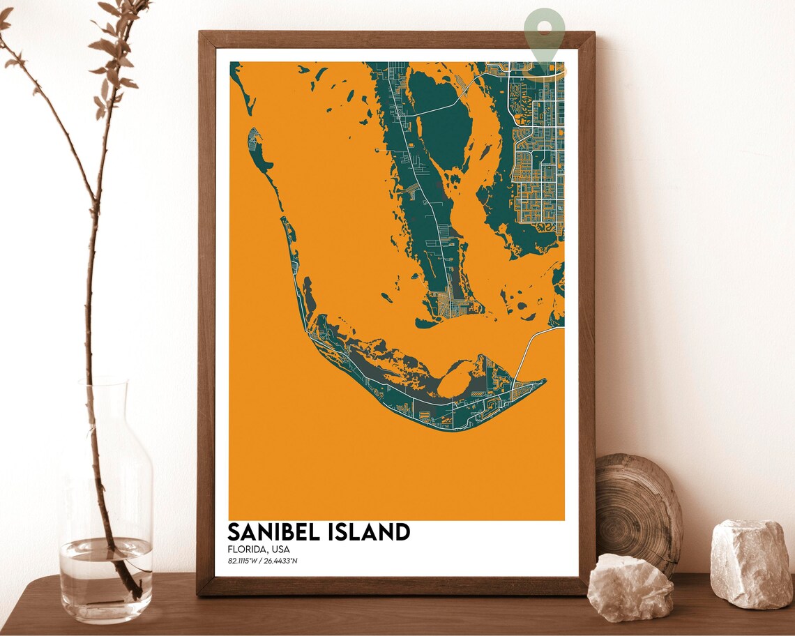 Sanibel Island Florida City Map Poster Peach Navy Coastal Art - Image 3