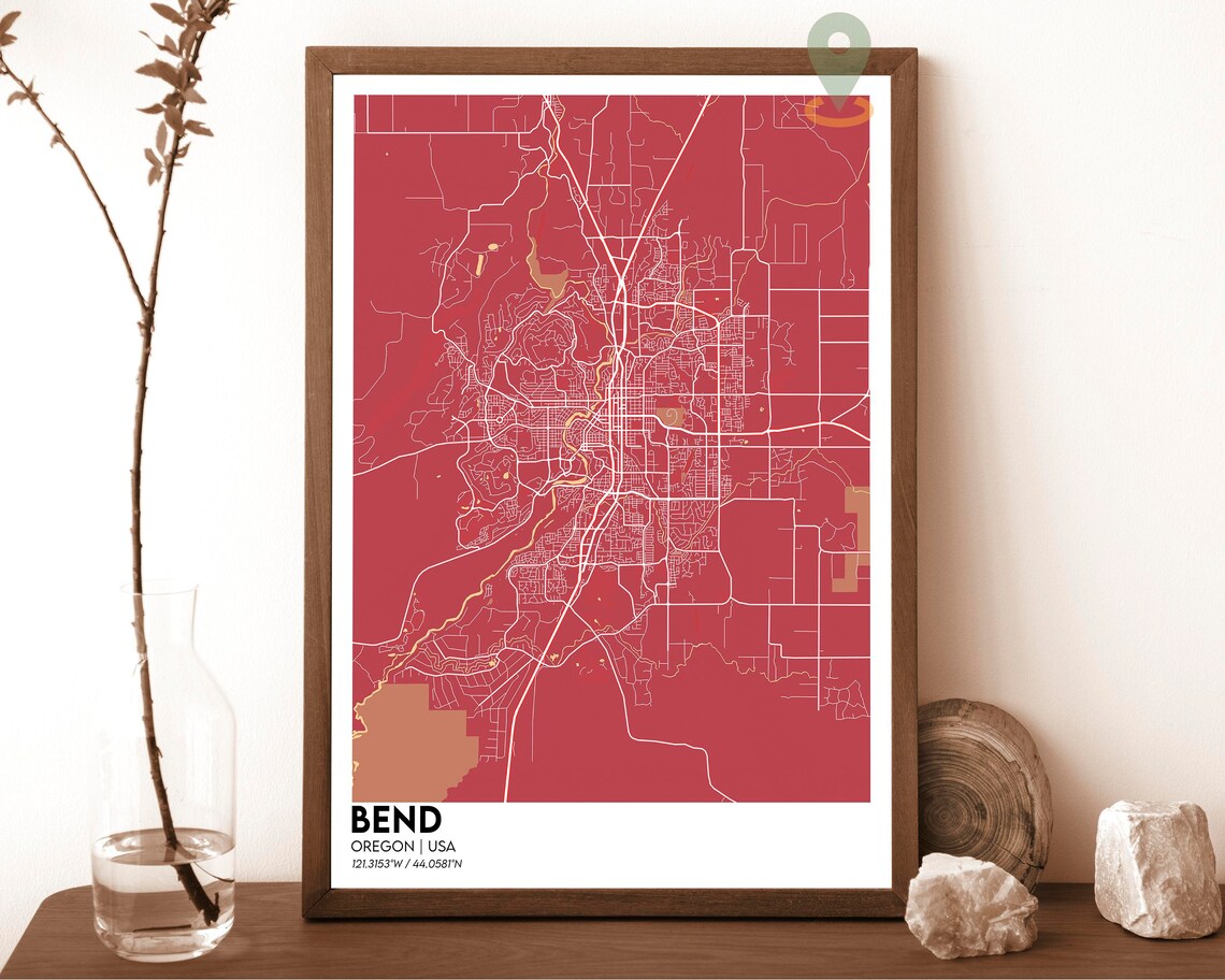Bend Oregon USA Bold Red High Desert Modern City Street Map Poster