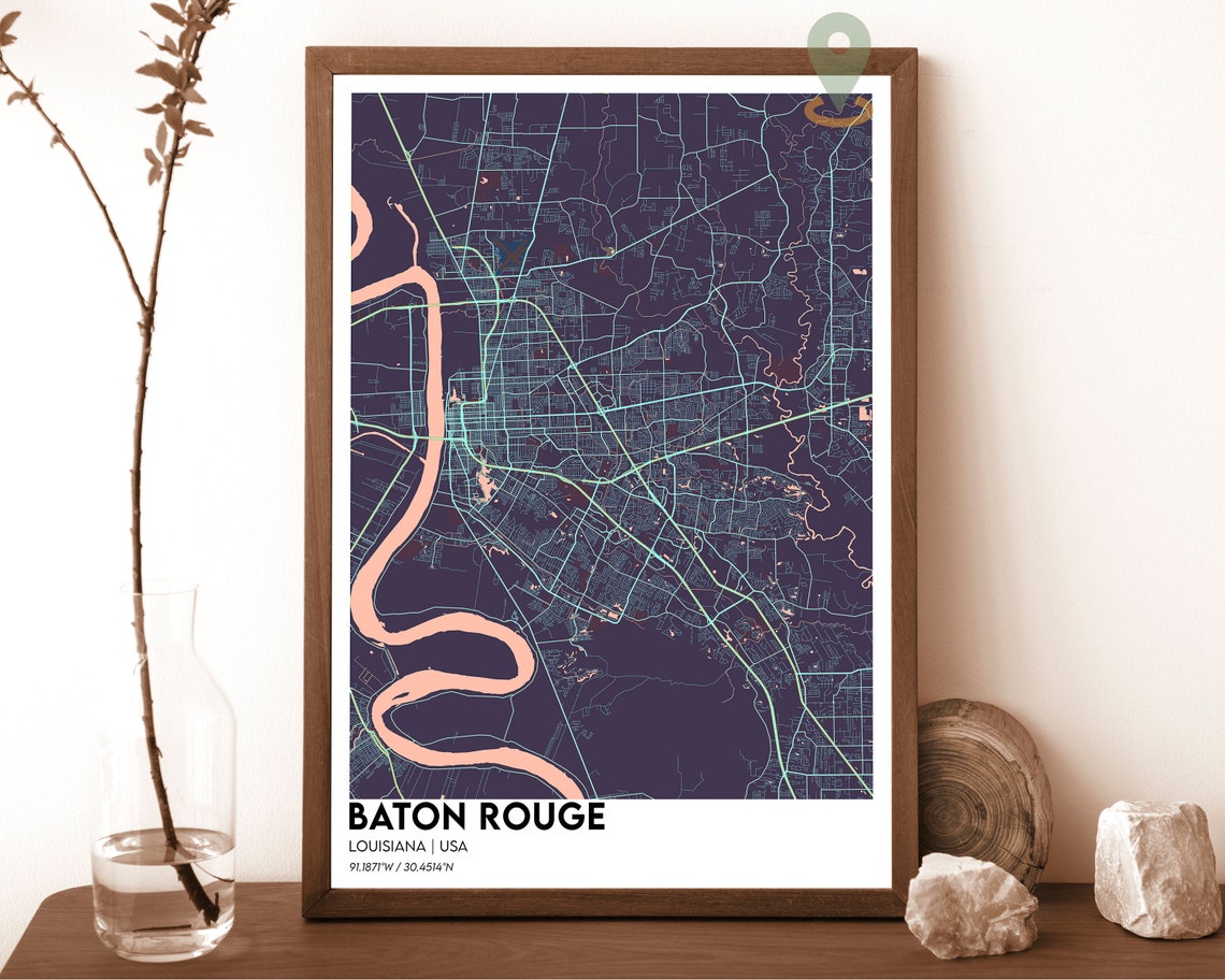 Baton Rouge Louisiana City Map Red Bold Mississippi River Map Poster - Image 4