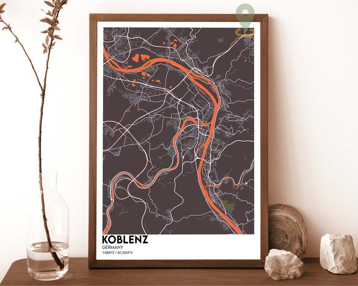 Koblenz Germany City Street Map Minimalist Urban Navy Yellow Art Poster - Image 5