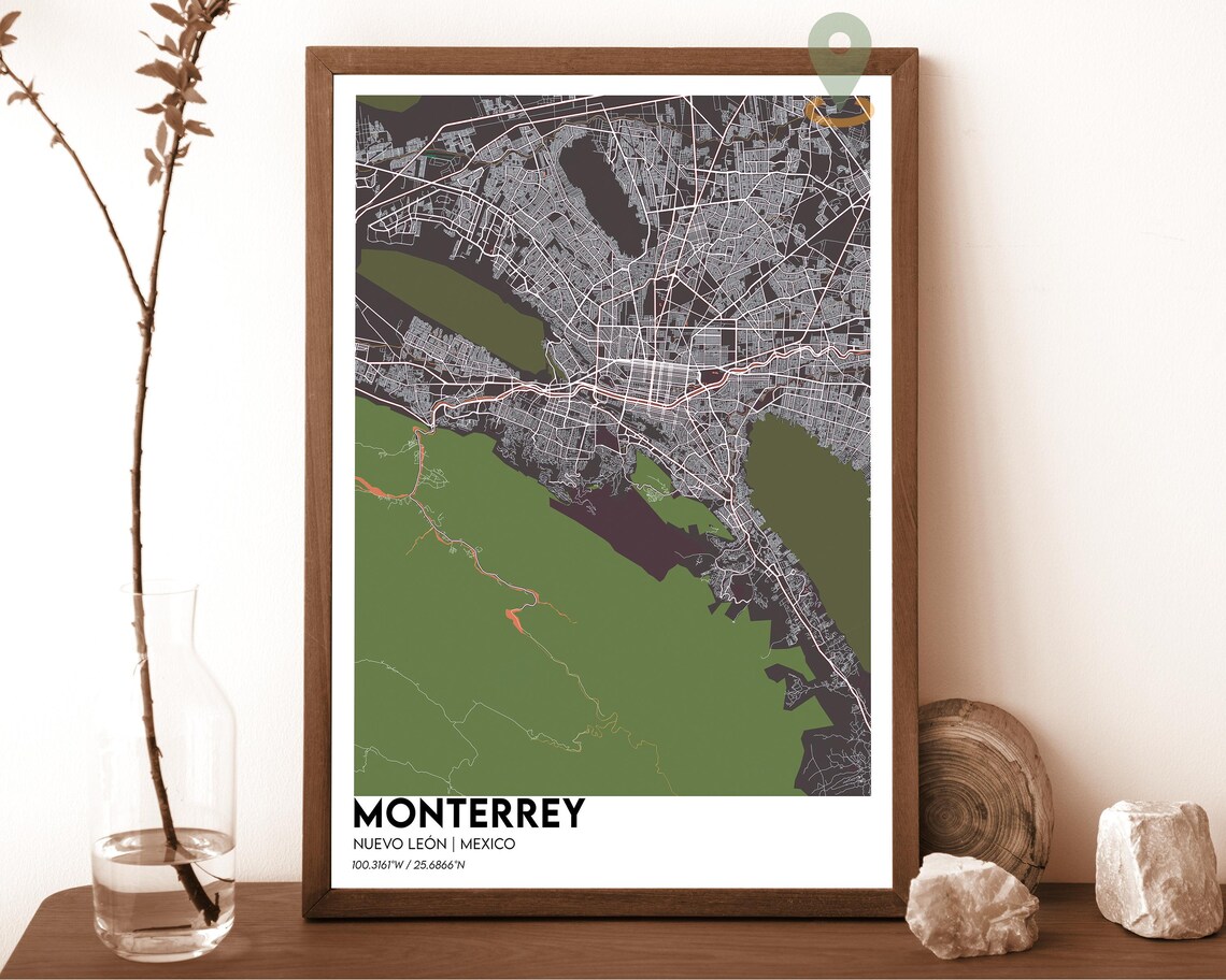 Monterrey Nuevo Leon Mexico taupe beige with brown streets Street Map Coordinates Poster - Image 2