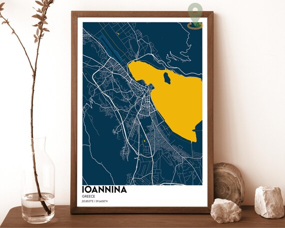 Ioannina Greece Navy Blue Modern Minimalist City Street Map Wall Art