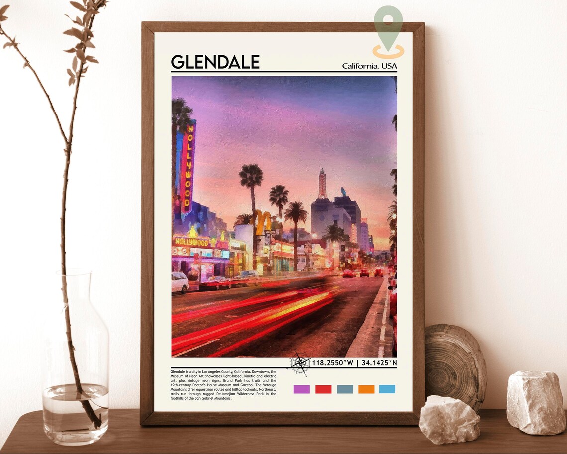 Glendale California Sunset Neon Street Watercolor City Poster
