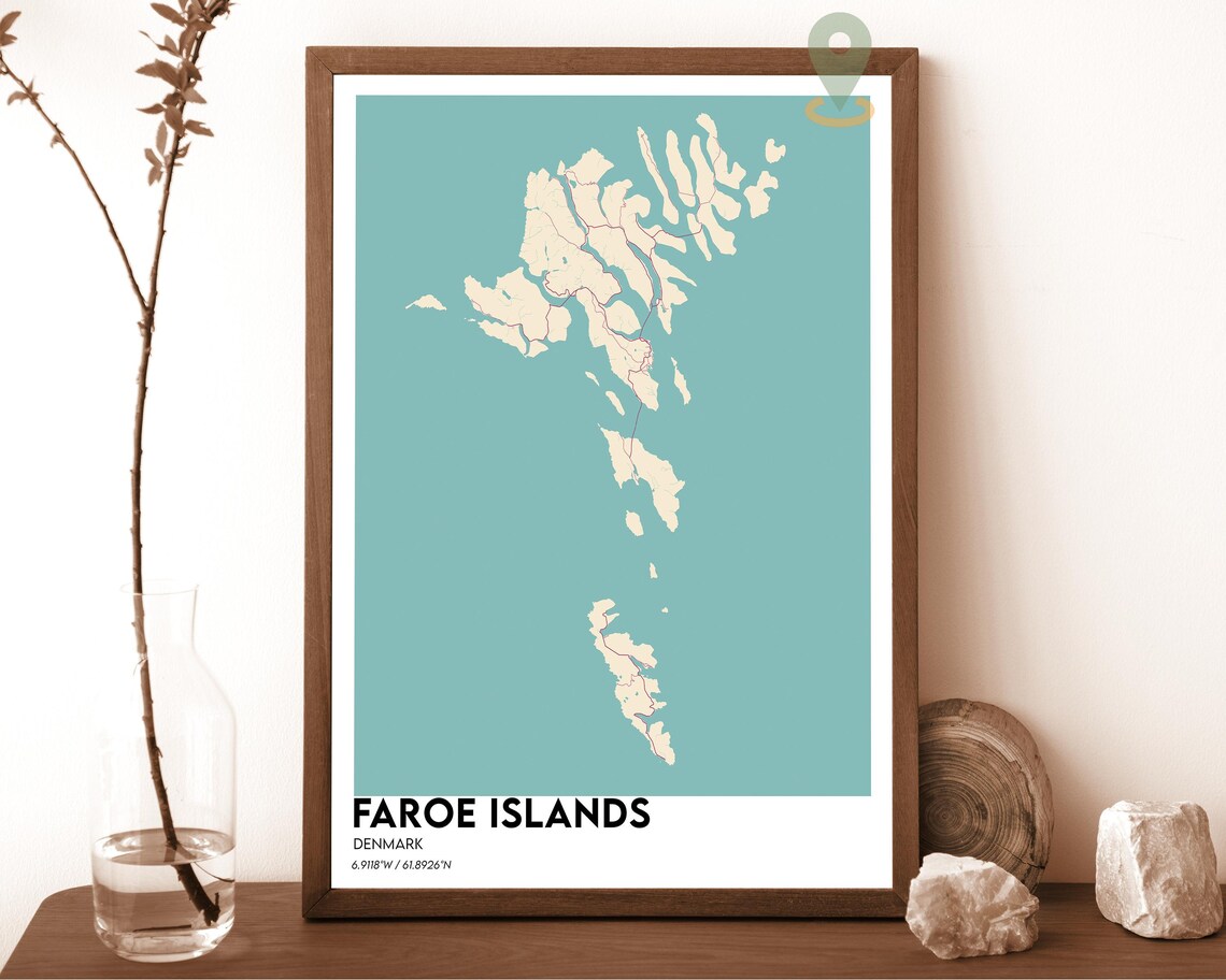 Faroe Islands Denmark Minimalist Archipelago Map Teal Cream Art Poster