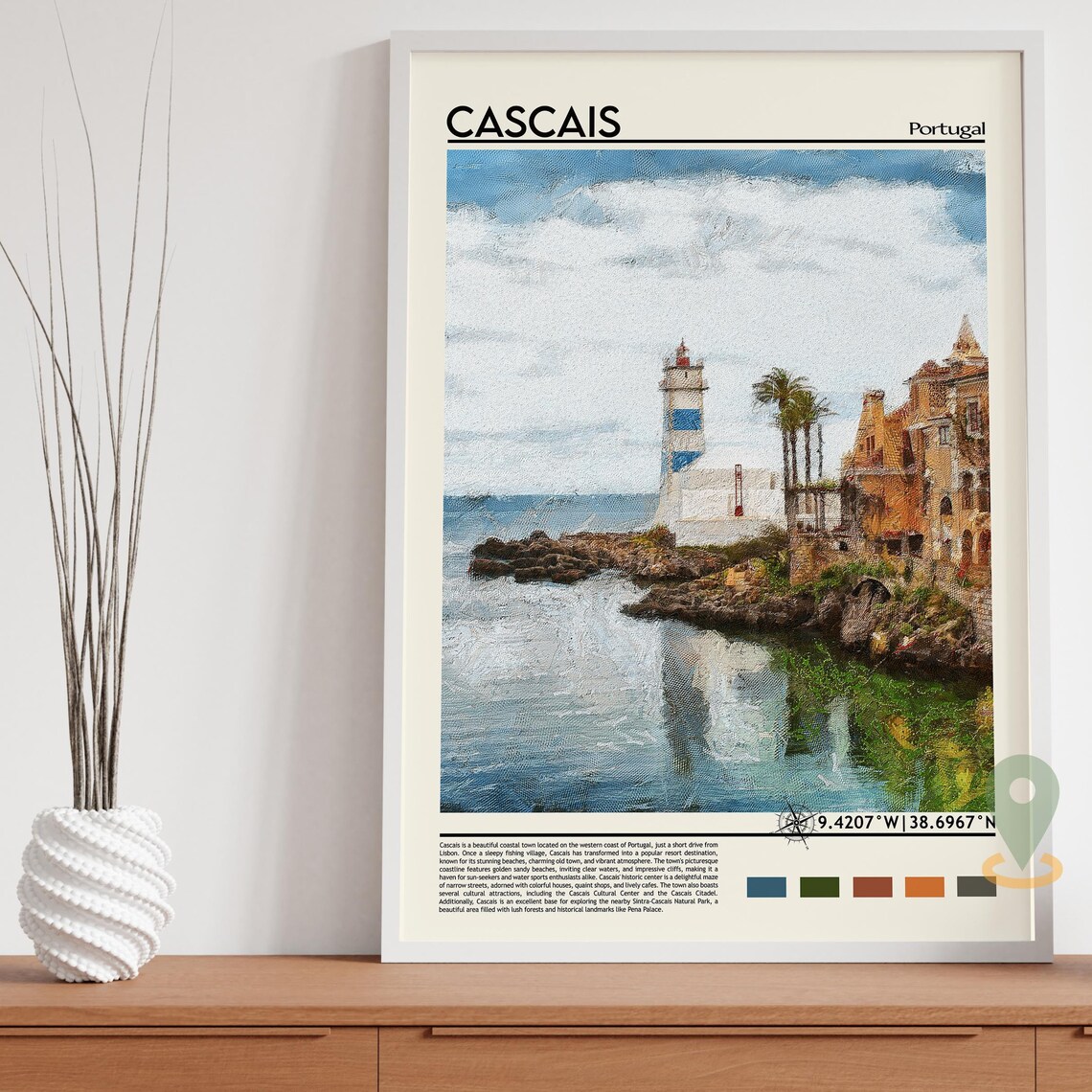 Cascais Portugal Lighthouse Rocky Coast Painted Vintage Travel Poster - Image 5