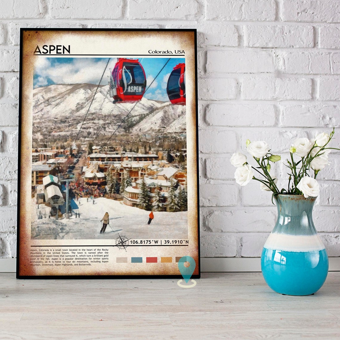 Aspen Colorado Ski Resort Red Gondola Snowy Peaks Winter Poster - Image 3