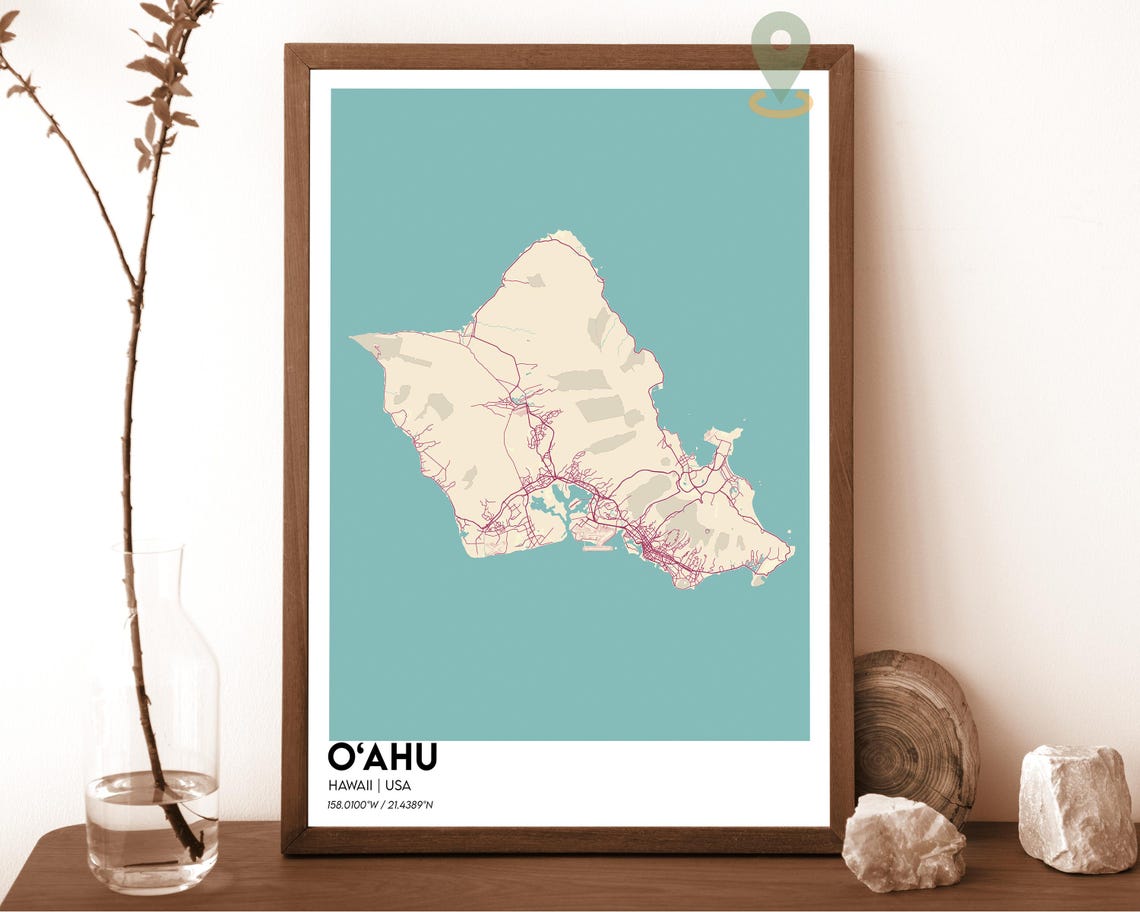O'ahu Hawaii Minimalist Island Map Poster in Turquoise and White - Image 5