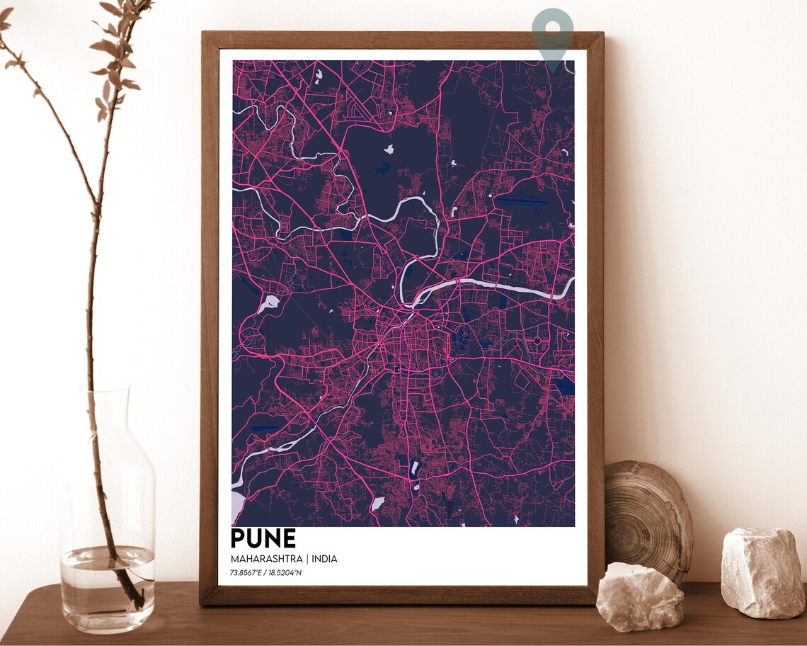Pune India Magenta Pink Minimalist Modern City Map Home Decor Poster