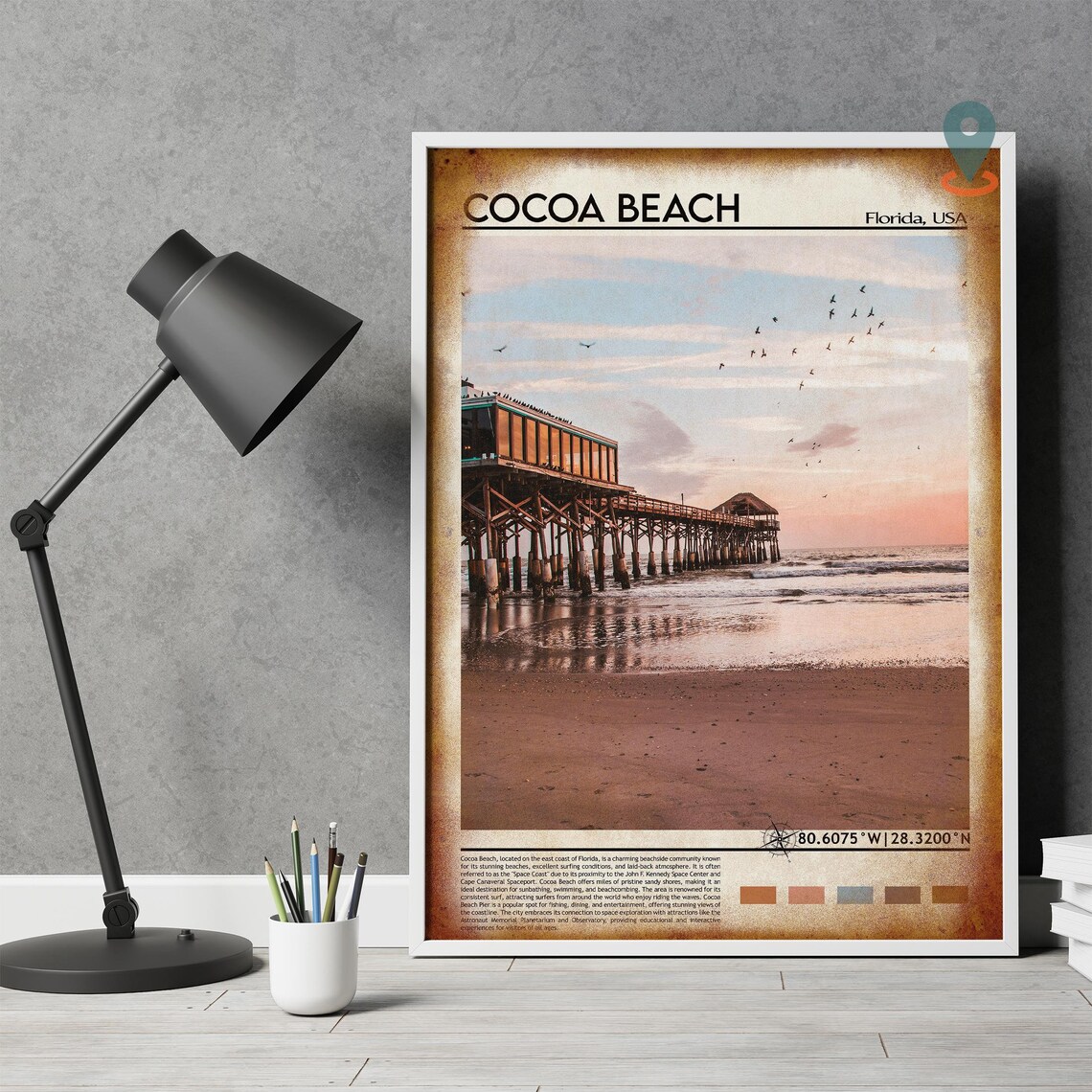 Cocoa Beach Florida Pink Sand Sunset Pier Ocean Travel Poster - Image 4