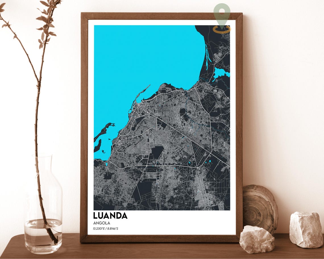 Luanda Angola Dark Gray Coastal City Street Map African Travel Poster