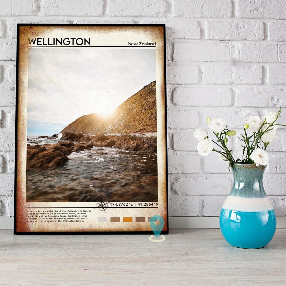 Wellington New Zealand Rocky Coastline Sunset Ocean Travel Poster - Image 3
