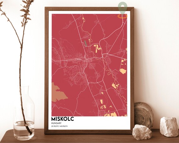 Miskolc Hungary Deep Red Street Map Bold Modern Art Decor Poster